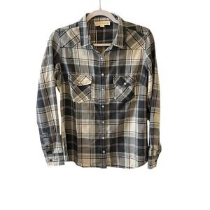 Lovestitch Plaid‎ Flannel Size Women Small Long Sleeve Pearl Snap Button Blue